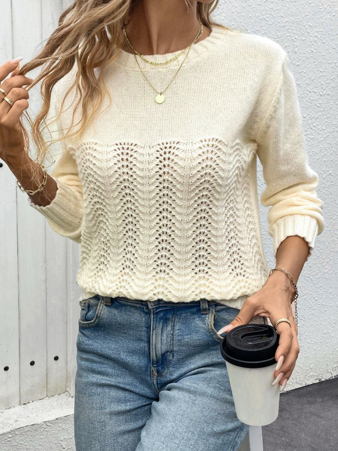 Perfee Openwork Round Neck Long Sleeve Sweater - Body By J'ne