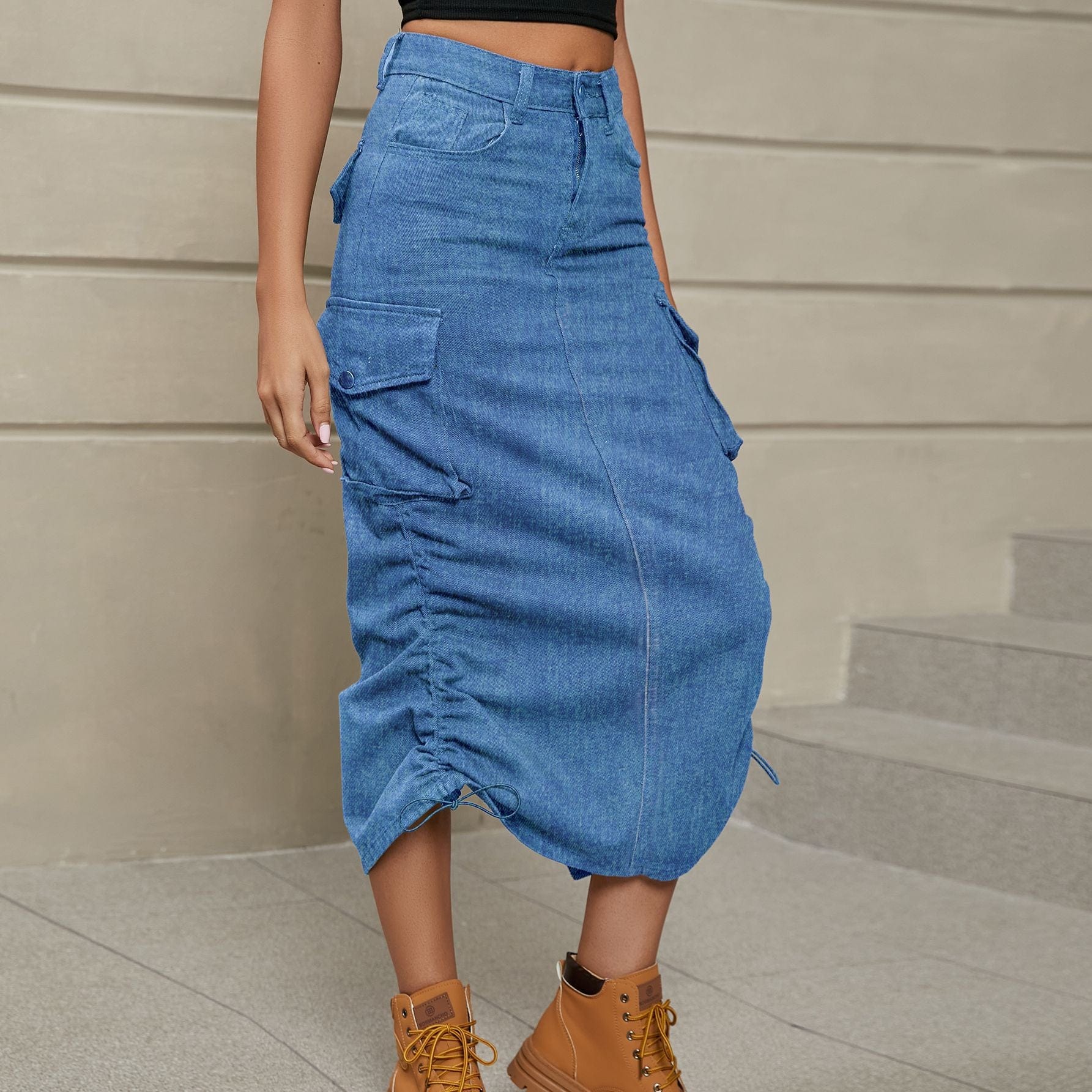 Drawstring Ruched Slit Denim Midi Skirt - Body By J'ne