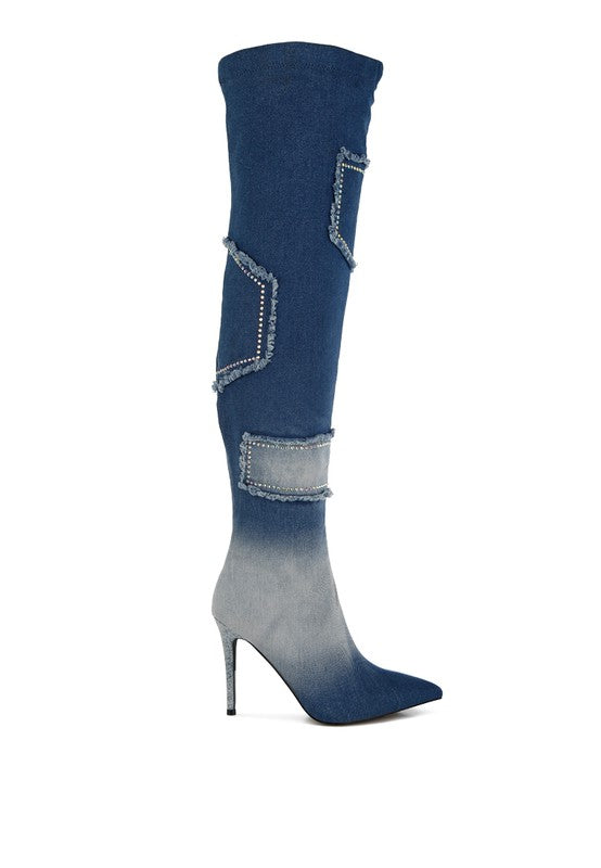 Eilish Rhinestones Knee High Denim Boots - Body By J'ne