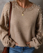 Pearl Detail Round Neck Long Sleeve Sweater