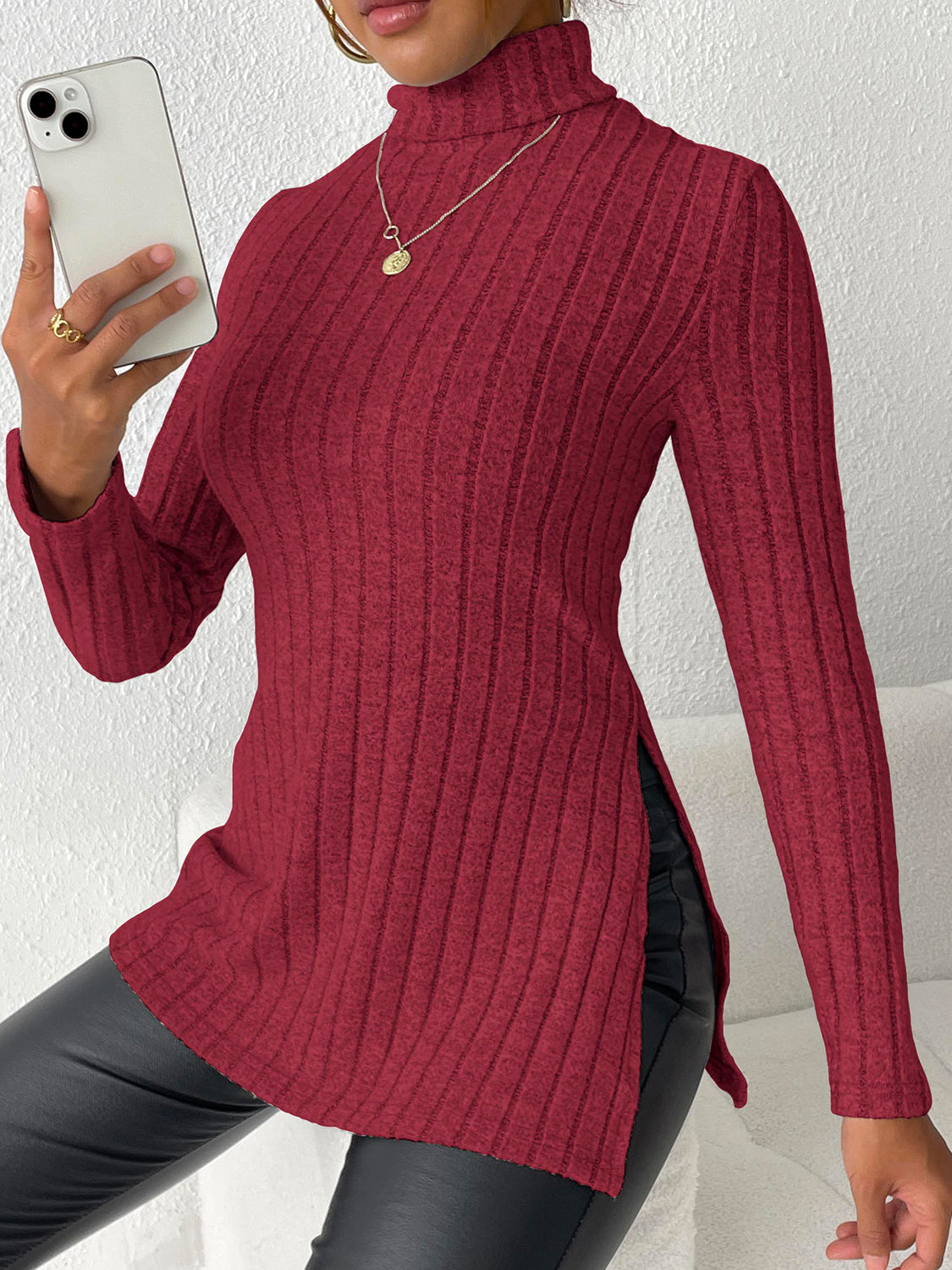 Ribbed Turtleneck Long Sleeve Slit T-Shirt - Body By J'ne