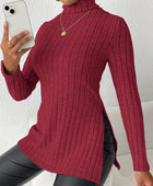 Ribbed Turtleneck Long Sleeve Slit T-Shirt