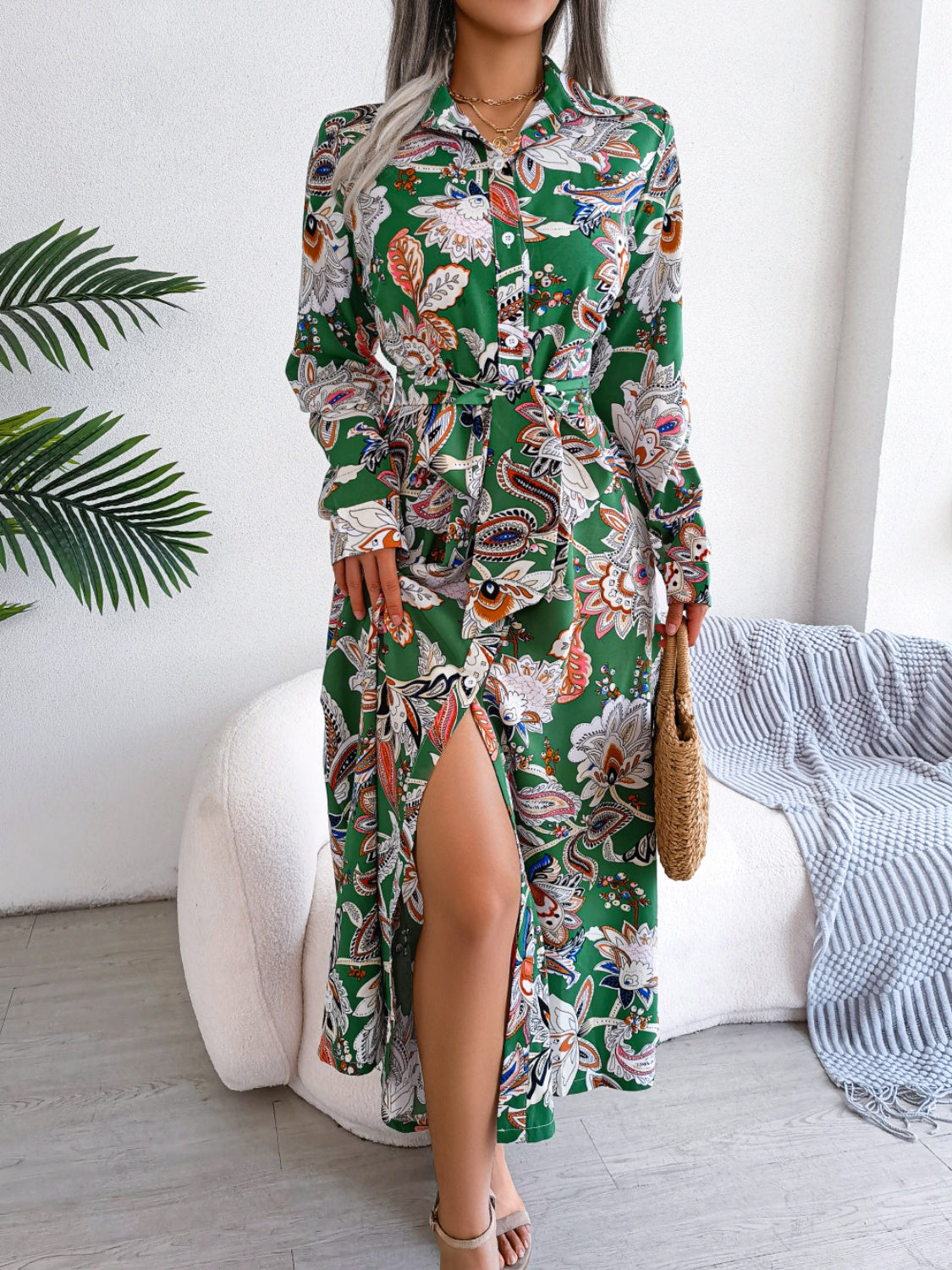 Tied Printed Long Sleeve Midi Dress - Body By J'ne