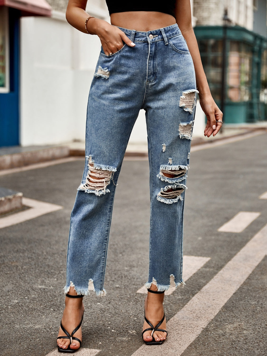 Distressed Raw Hem Jeans with Pockets - Body By J'ne