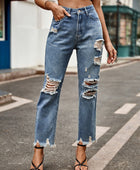 Distressed Raw Hem Jeans with Pockets