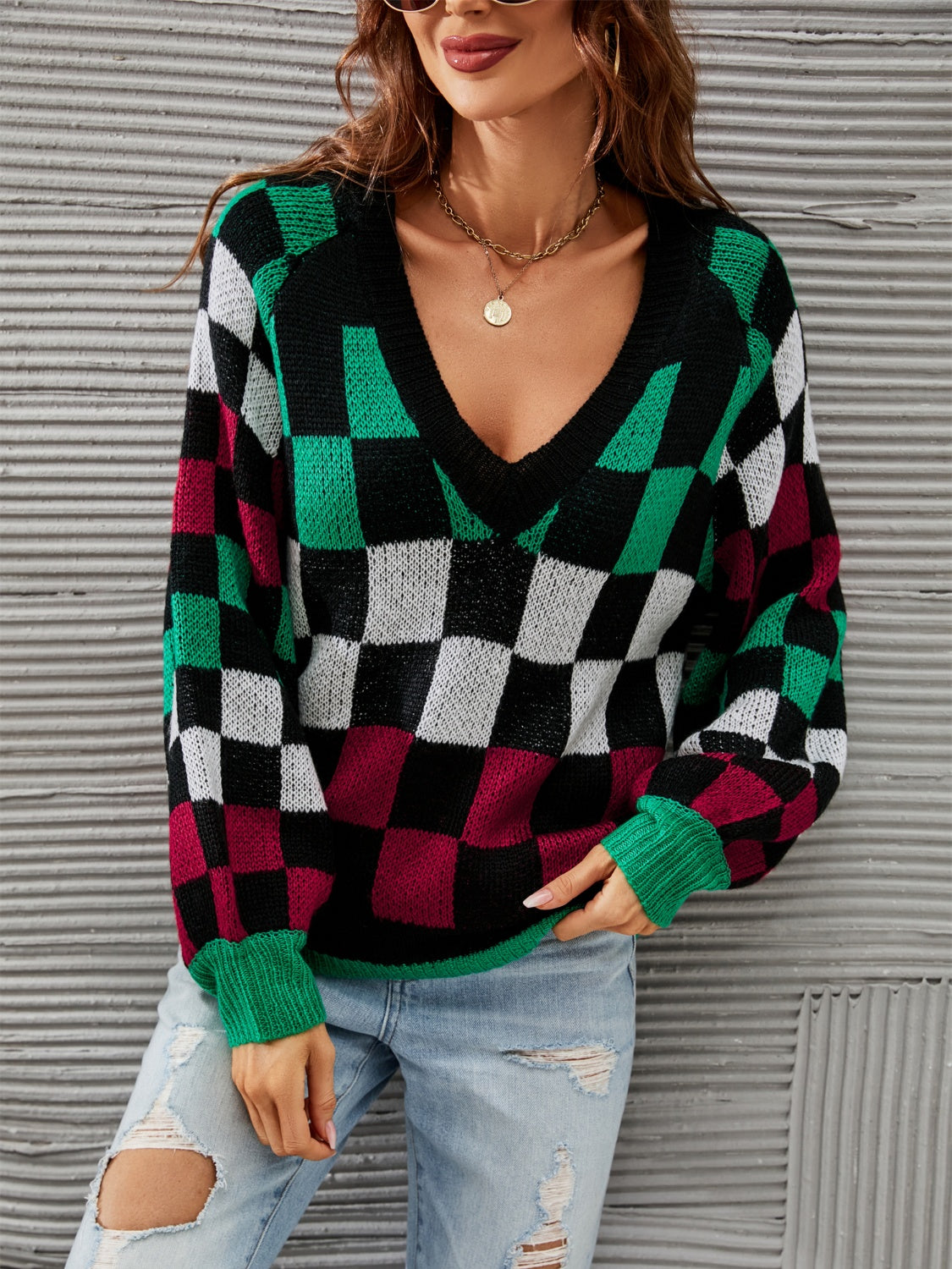 Checkered V-Neck Lantern Sleeve Sweater - Body By J'ne