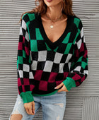 Checkered V-Neck Lantern Sleeve Sweater - Body By J'ne