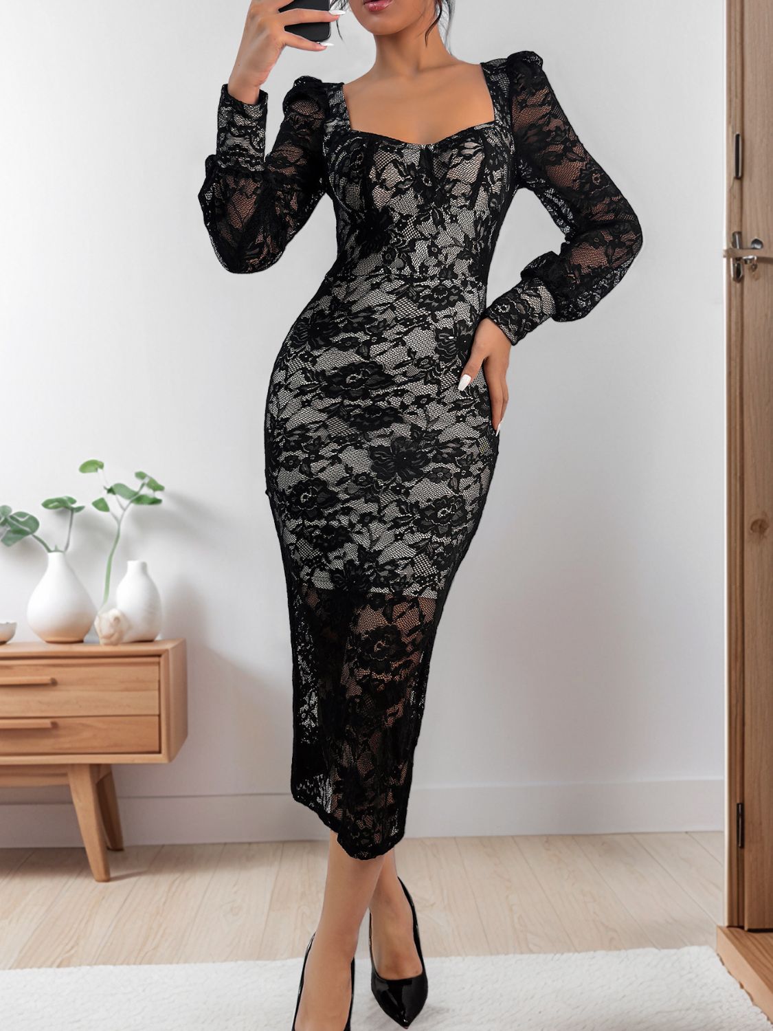 Perfee Lace Sweetheart Neck Long Sleeve Midi Dress - Body By J'ne