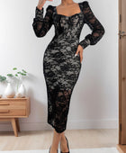 Perfee Lace Sweetheart Neck Long Sleeve Midi Dress