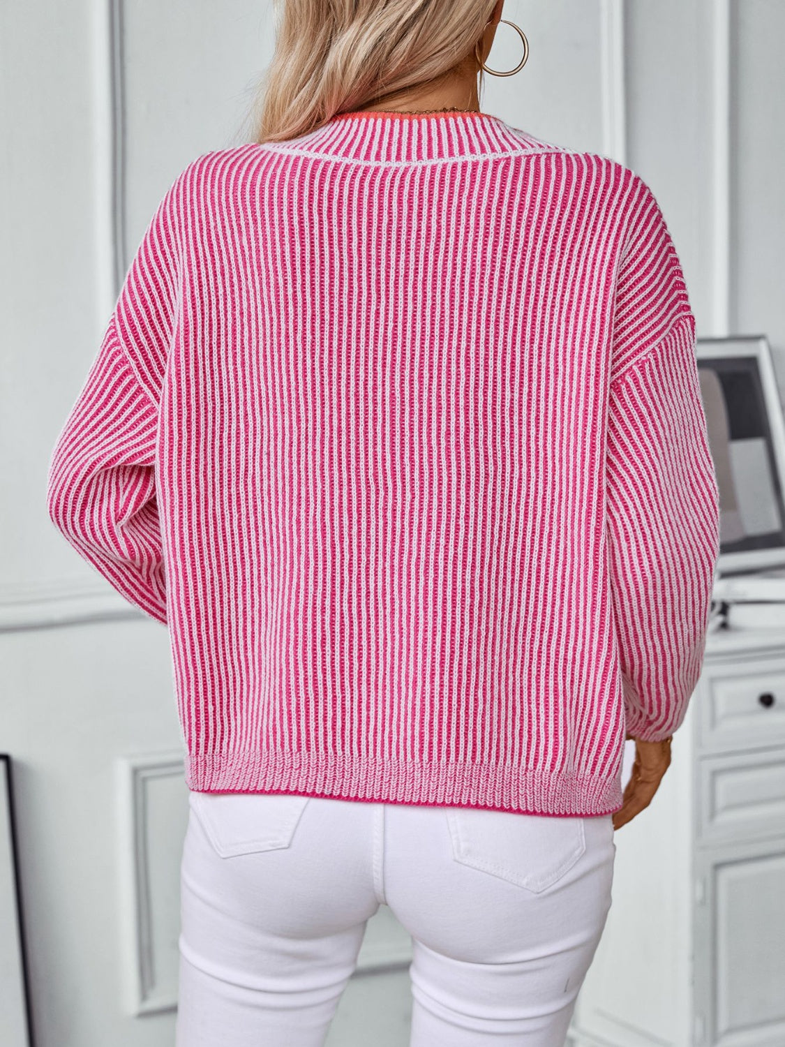 Striped V-Neck Long Sleeve Sweater - Body By J'ne