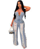 Tassel Hole Rhinestone Washing Water Denim Jumpsuit - Body By J'ne