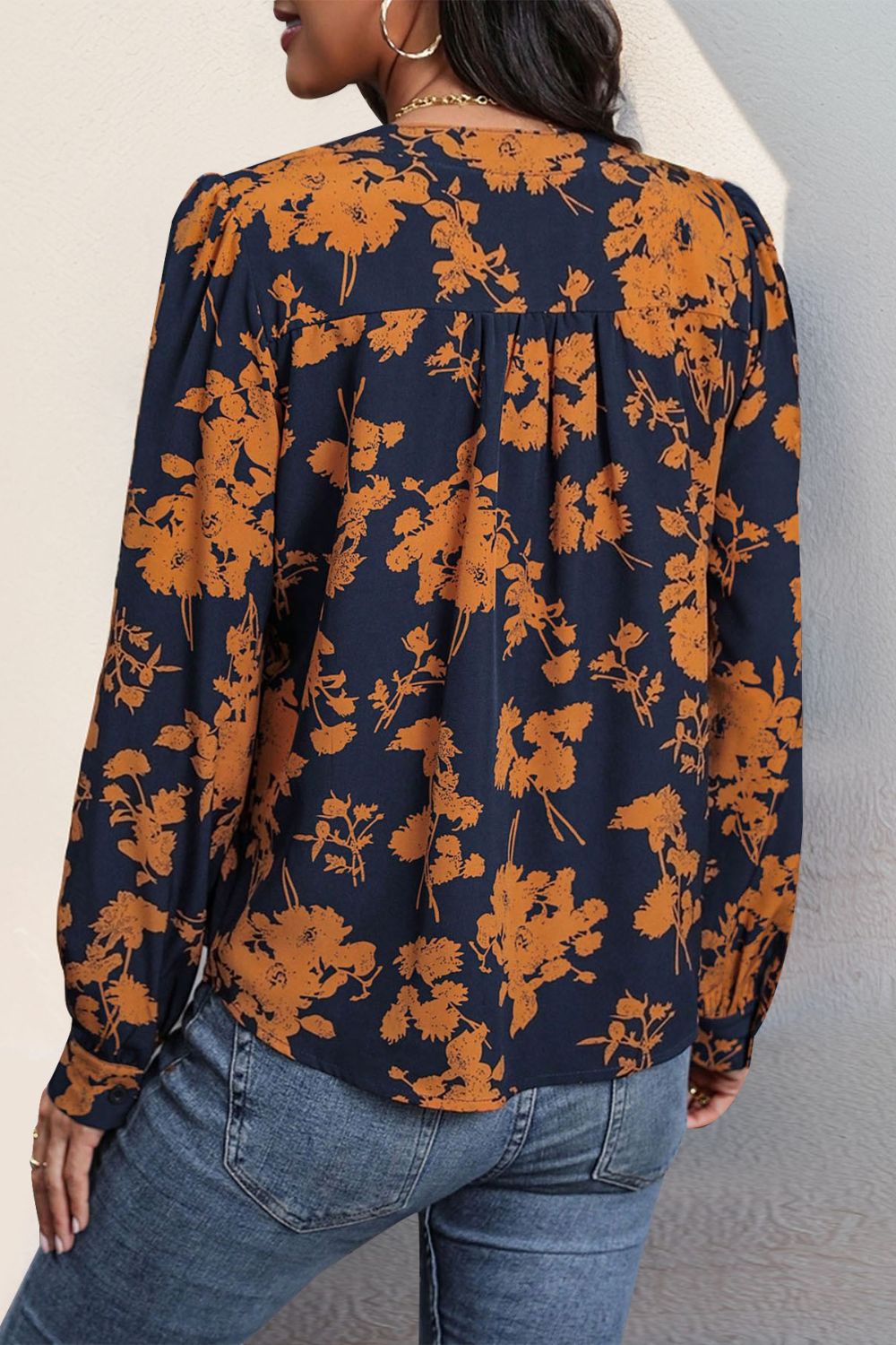 Perfee Printed Notched Long Sleeve Blouse