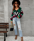 Checkered V-Neck Lantern Sleeve Sweater - Body By J'ne