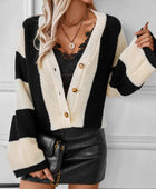 Waffle-Knit V-Neck Striped Long Sleeve Cardigan