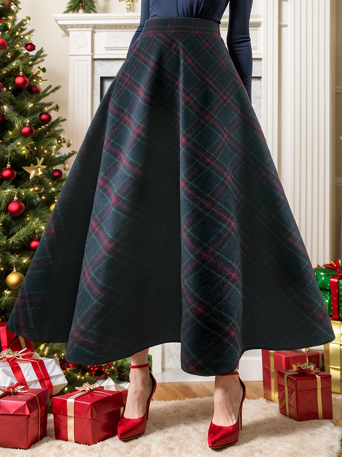 Plaid Elastic Waist Midi Skirt