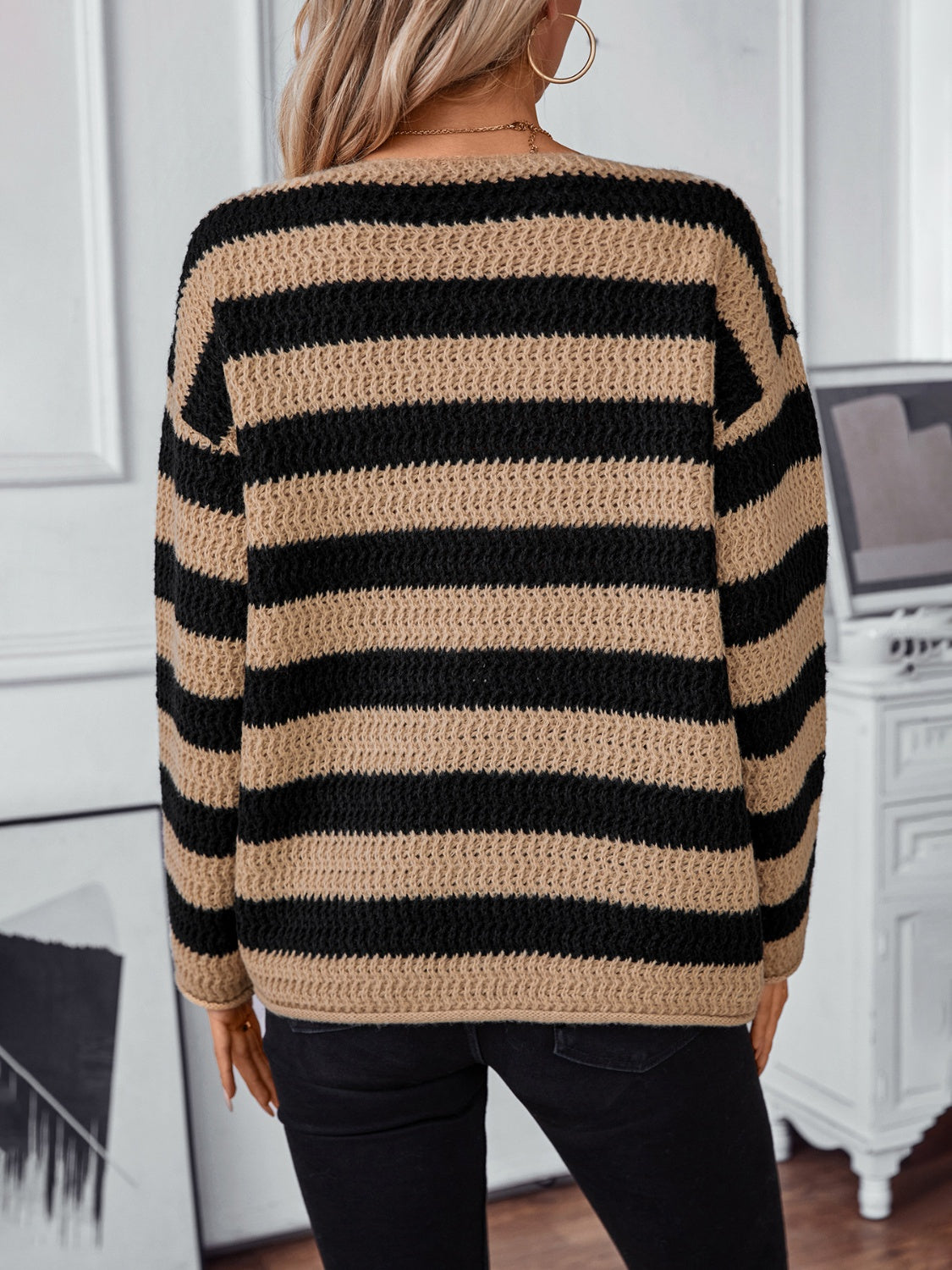 Striped Dropped Shoulder Long Sleeve Sweater - Body By J'ne