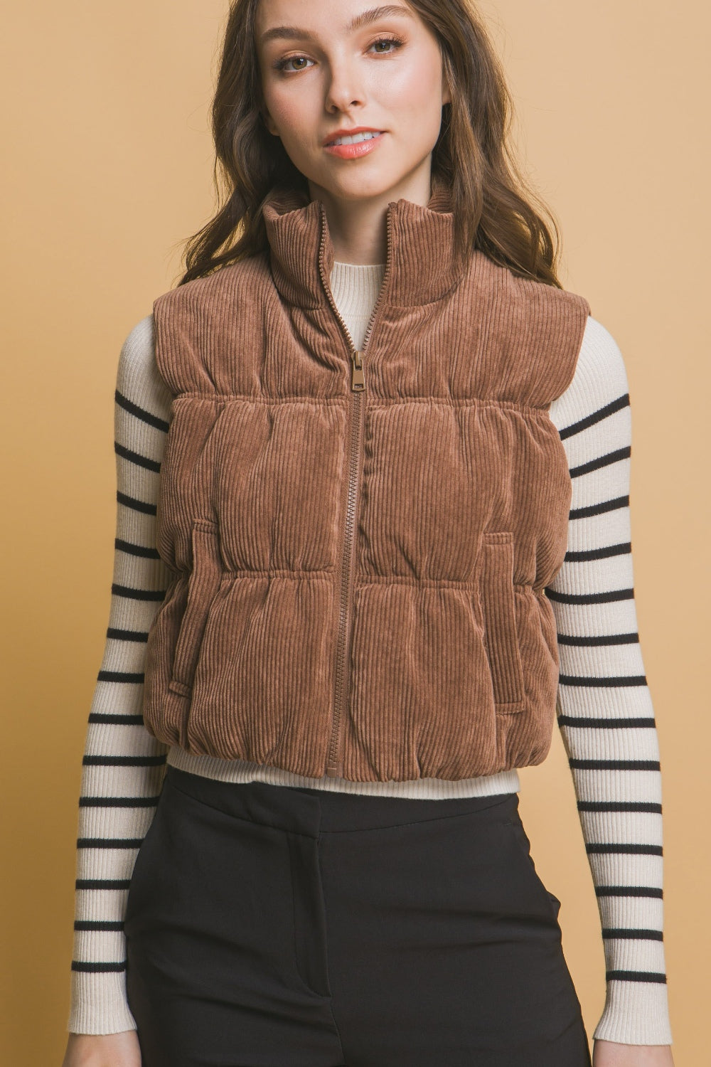 Corduroy Zip Up Puffer Vest with Pockets - Body By J'ne