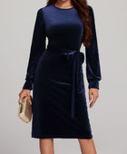 Round Neck Tie Waist Long Sleeve Velvet Dress