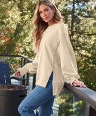 Slit Round Neck Long Sleeve Sweatshirt