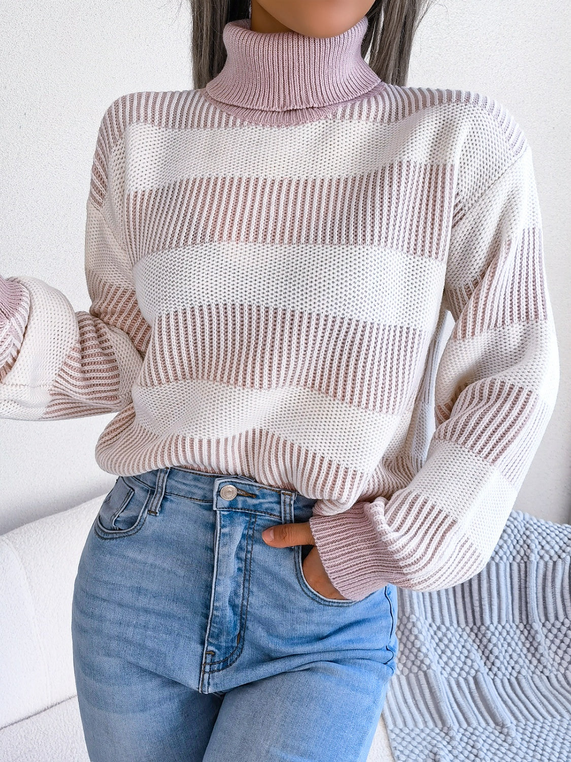 Striped Turtleneck Long Sleeve Sweater - Body By J'ne