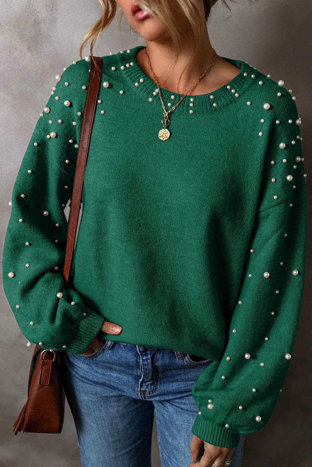 Pearl Detail Round Neck Long Sleeve Sweater - Body By J'ne