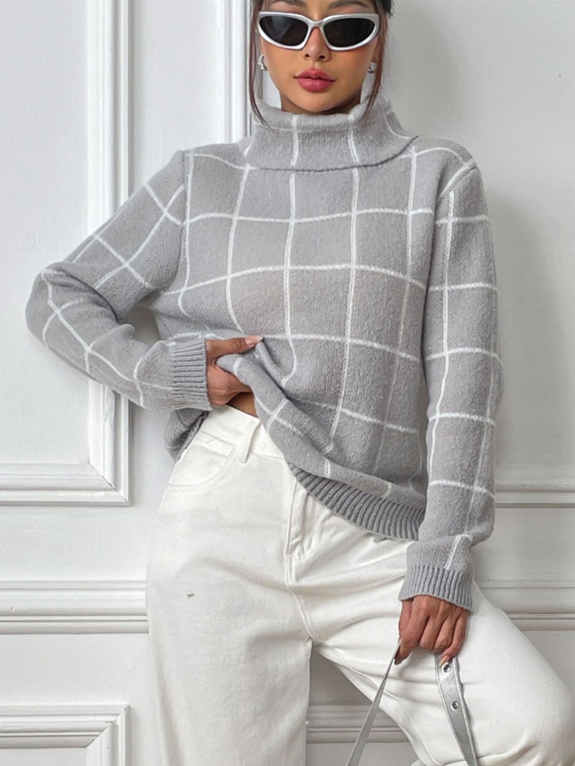 Plaid Turtleneck Long Sleeve Sweater - Body By J'ne