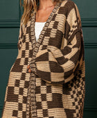 Checkered Open Front Long Sleeve Cardigan