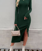 Drawstring Round Neck Long Sleeve Midi Dress