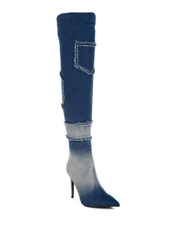 Eilish Rhinestones Knee High Denim Boots - Body By J'ne