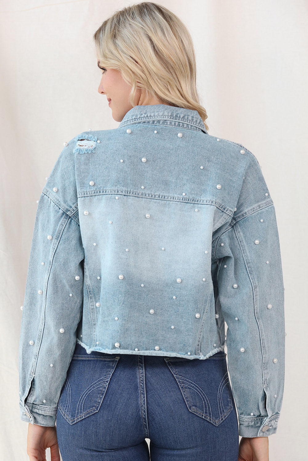 Distressed Pearl Trim Button Up Denim Jacket - Body By J'ne