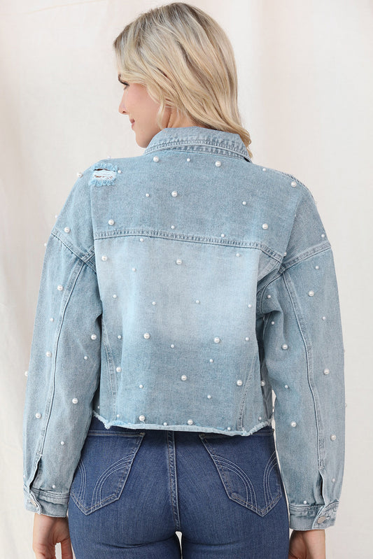 Distressed Pearl Trim Button Up Denim Jacket - Body By J'ne