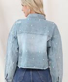 Distressed Pearl Trim Button Up Denim Jacket