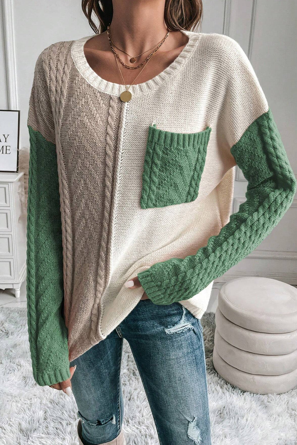 Color Block Round Neck Long Sleeve Sweater - Body By J'ne