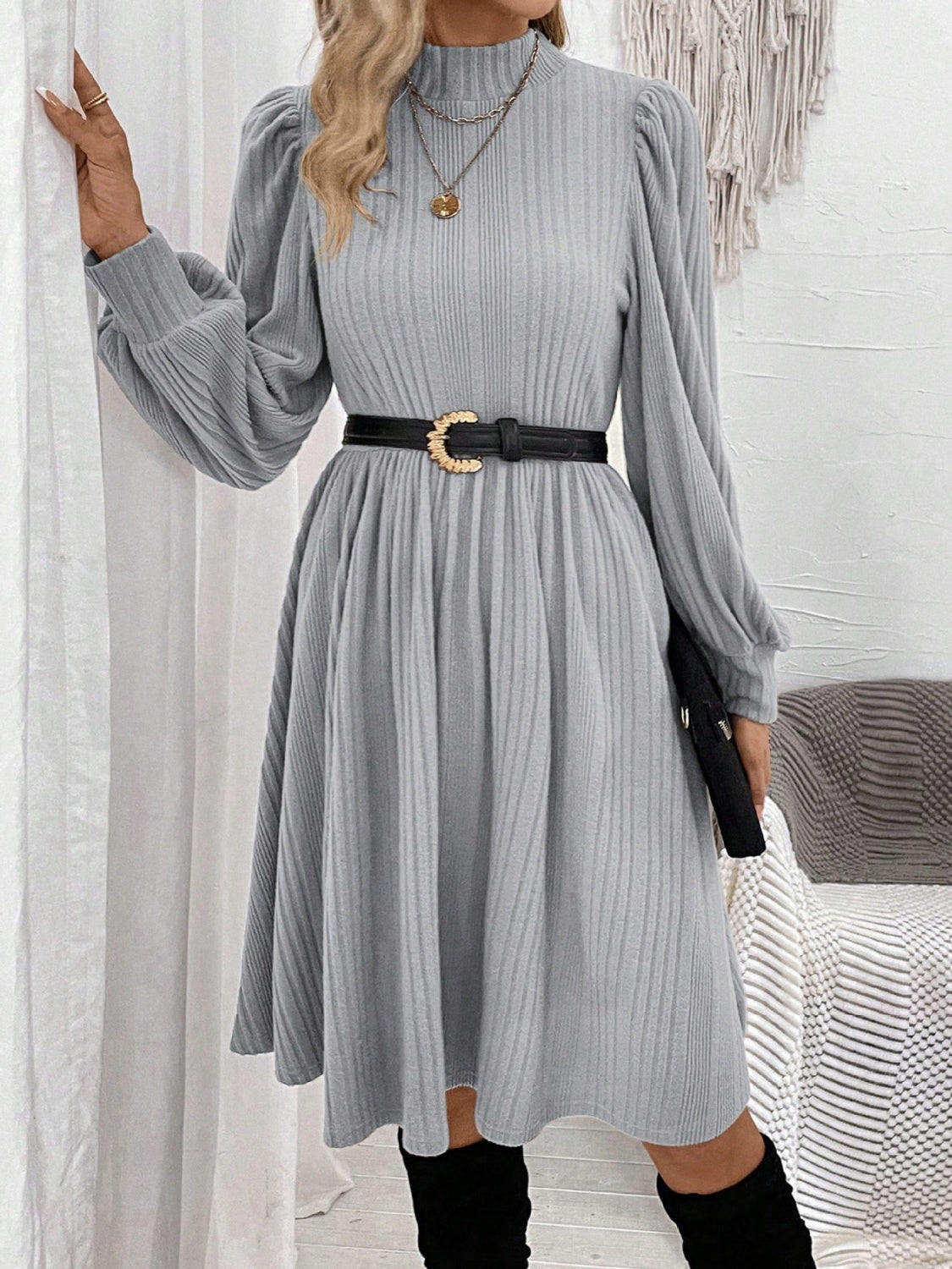 Textured Turtleneck Long Sleeve Dress - Body By J'ne