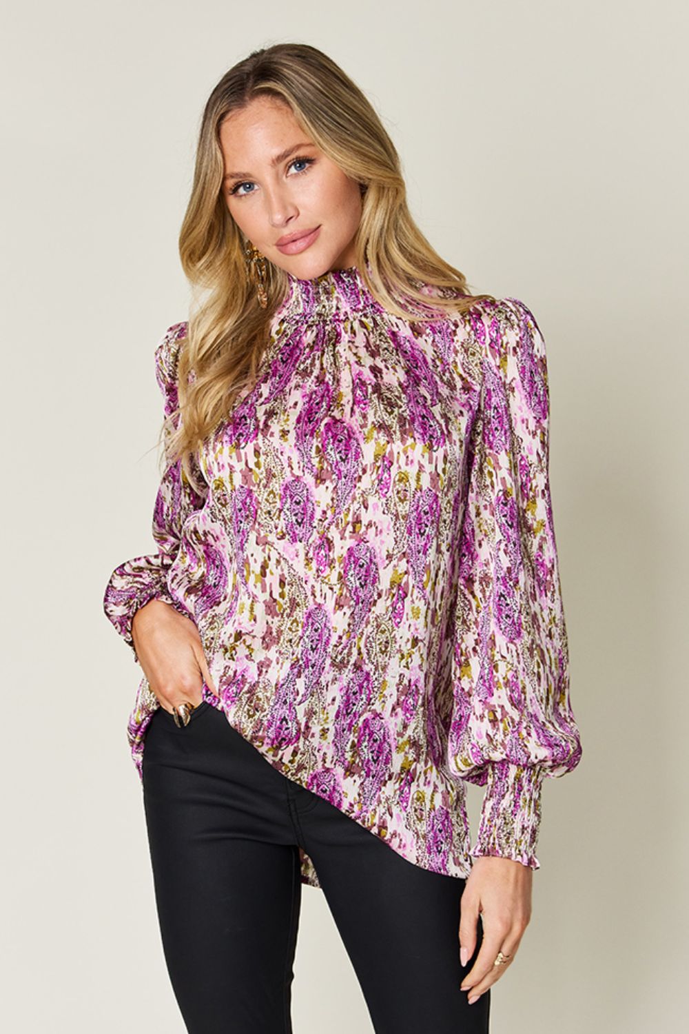 Full Size Printed Smocked Long Sleeve Blouse - Body By J'ne