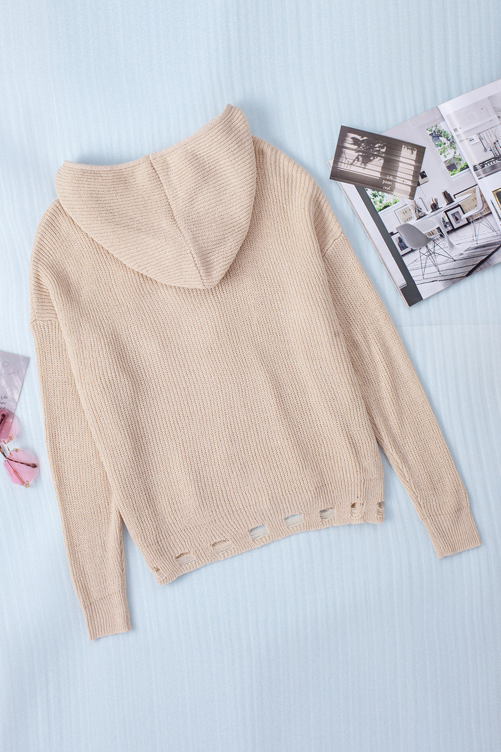 Distressed Zip Up Drawstring Hooded Cardigan - Body By J'ne