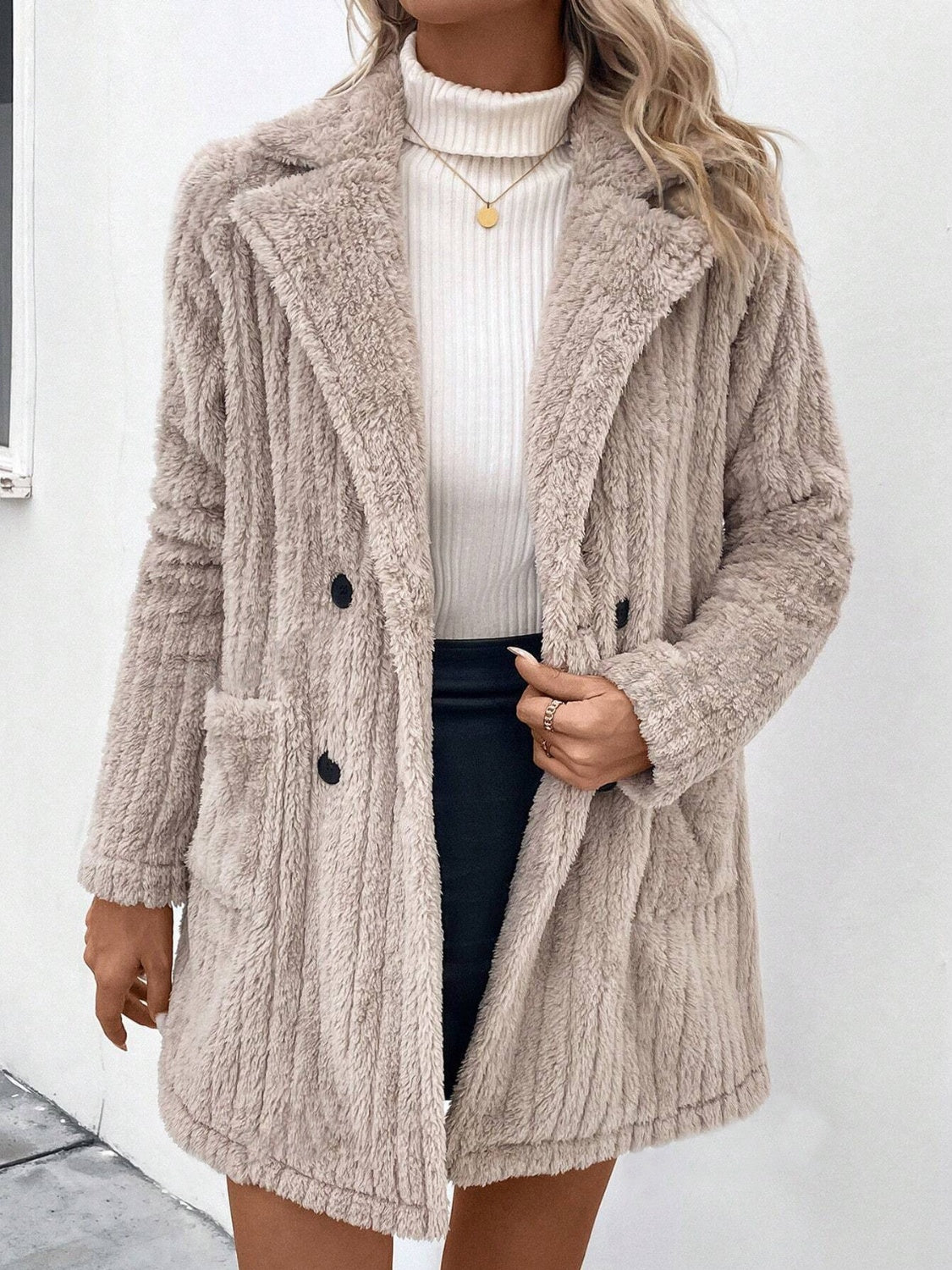 Fuzzy Button Up Long Sleeve Coat with Pockets - Body By J'ne