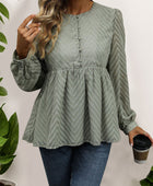 Perfee Peplum Round Neck Long Sleeve Blouse