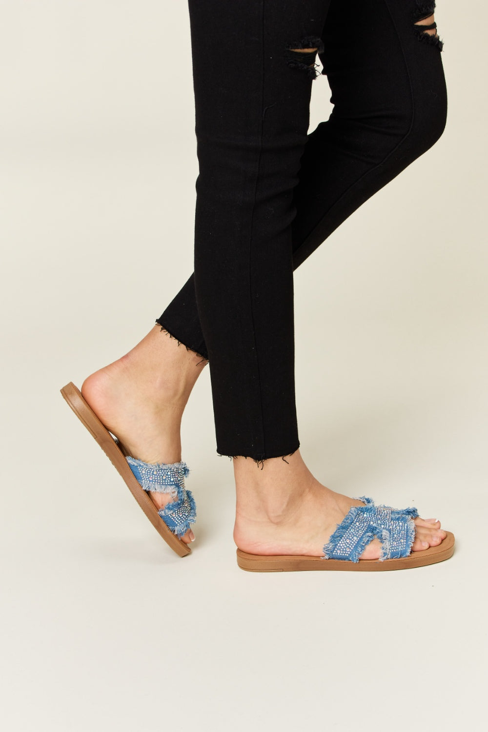 Raw Trim Denim H-Band Flat Sandals - Body By J'ne