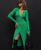 Tied Collared Neck Long Sleeve Sweater Dress