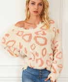 Distressed Trim Leopard V-Neck Sweater