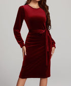 Round Neck Tie Waist Long Sleeve Velvet Dress