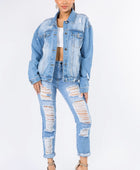 Graphic Distressed Long Sleeve Denim Jacket