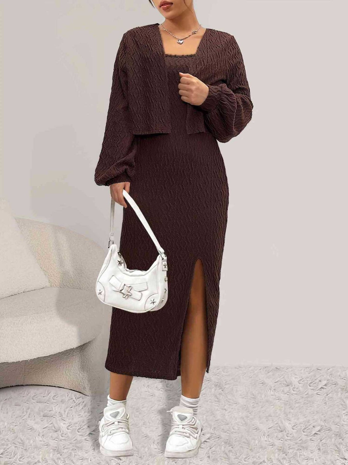 Open Front Long Sleeve Cardigan and Side Slit Cami Dress Set - Body By J'ne