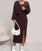 Open Front Long Sleeve Cardigan and Side Slit Cami Dress Set