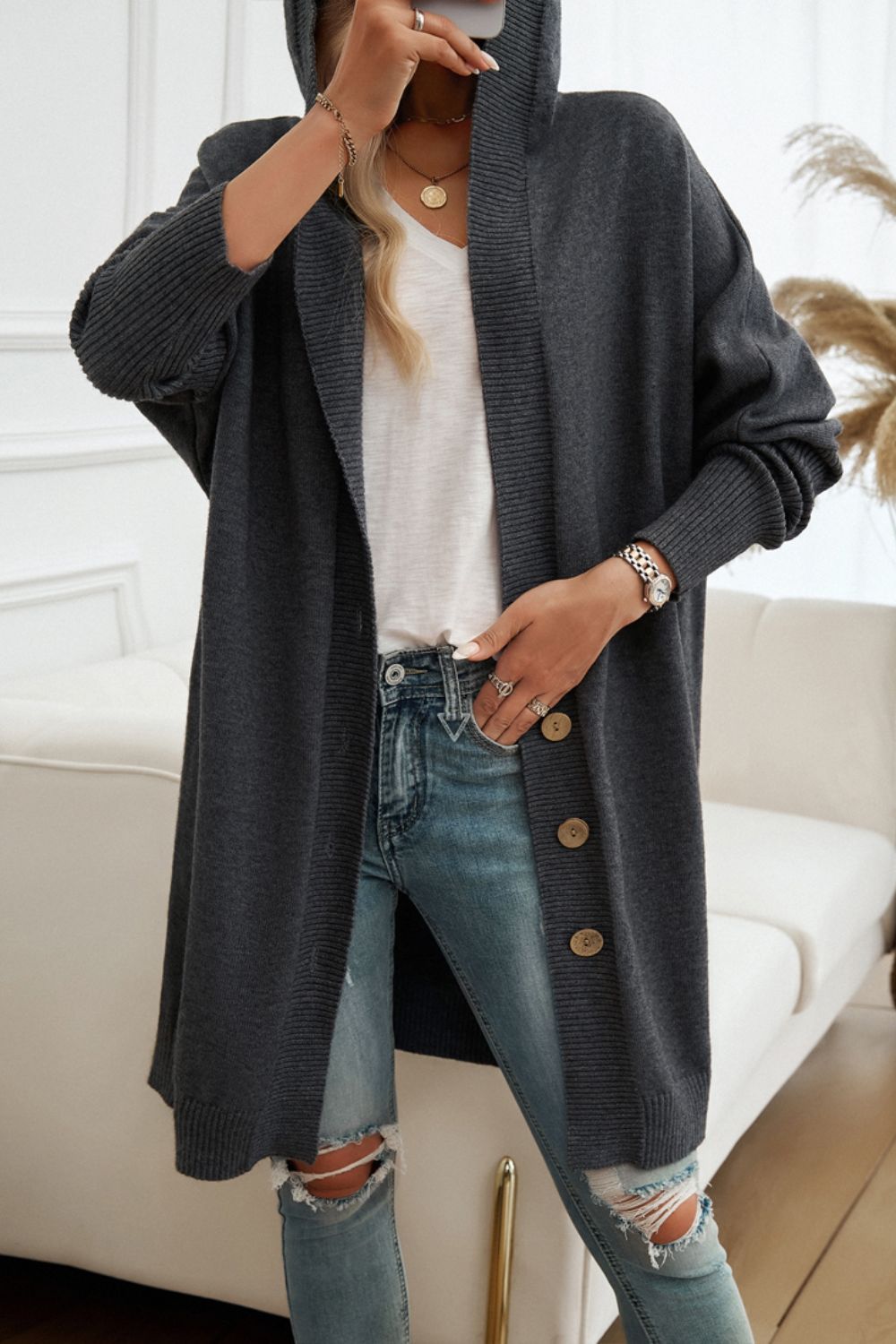 Devine Button Up Long Sleeve Hooded Cardigan - Body By J'ne