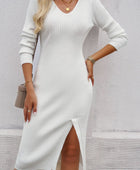 Slit V-Neck Long Sleeve Midi Dress