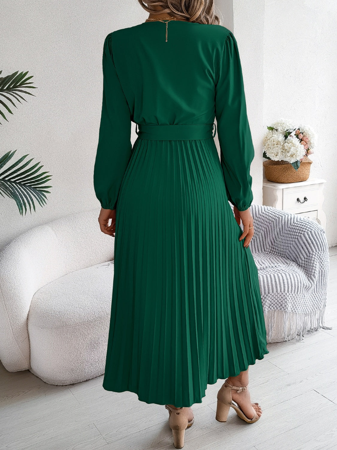 Pleated Tied V-Neck Long Sleeve Dress - Body By J'ne