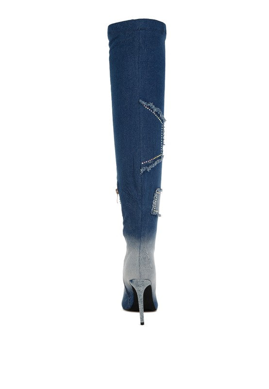 Eilish Rhinestones Knee High Denim Boots - Body By J'ne