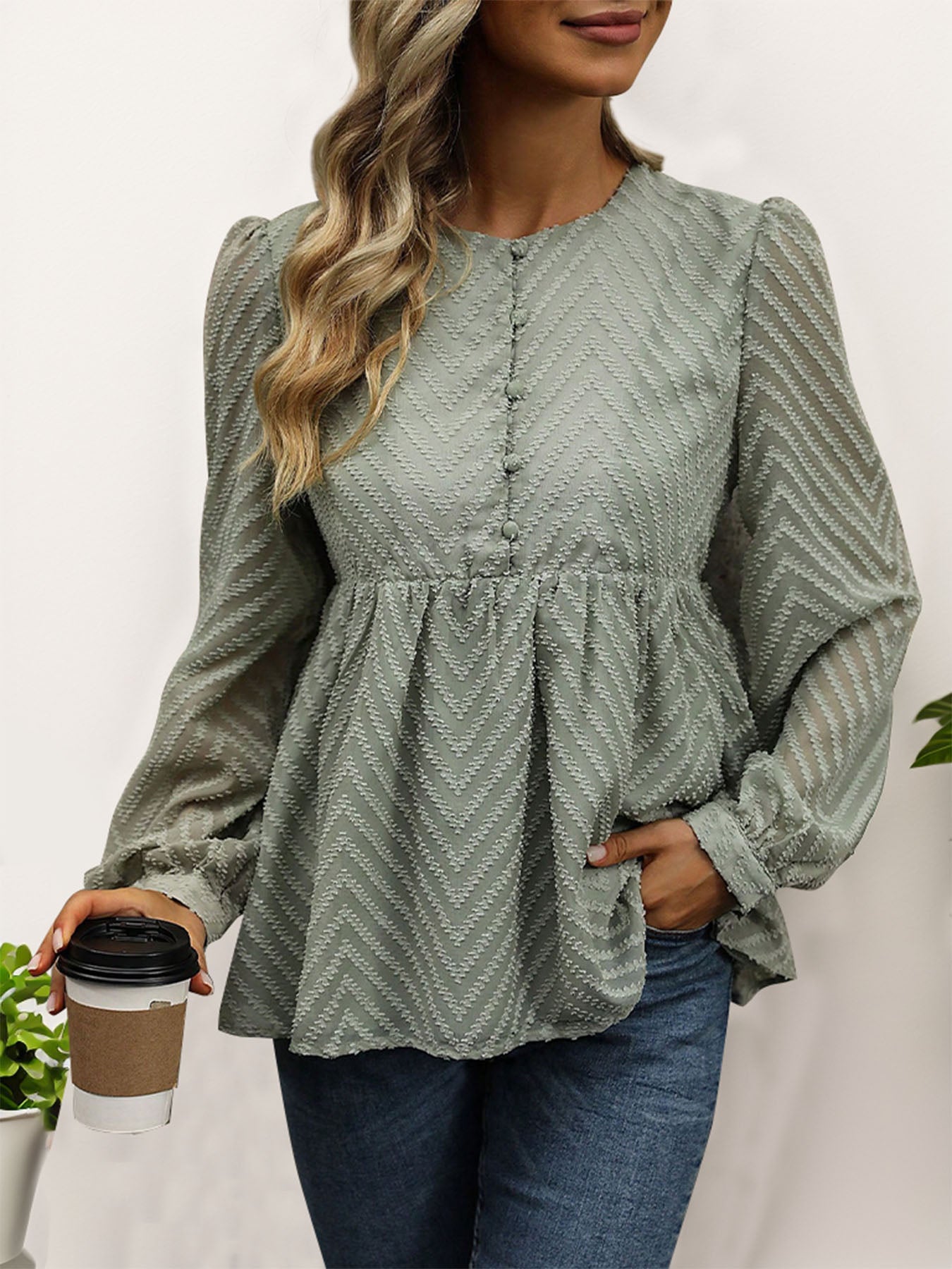Perfee Peplum Round Neck Long Sleeve Blouse - Body By J'ne